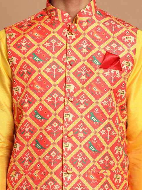 Vastramay Red Patola Print Nehru Jacket With Yellow kurta Pyjama Set