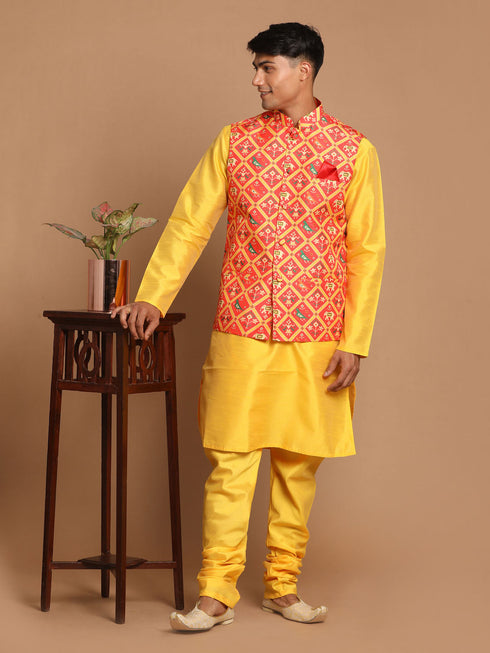 Vastramay Red Patola Print Nehru Jacket With Yellow kurta Pyjama Set