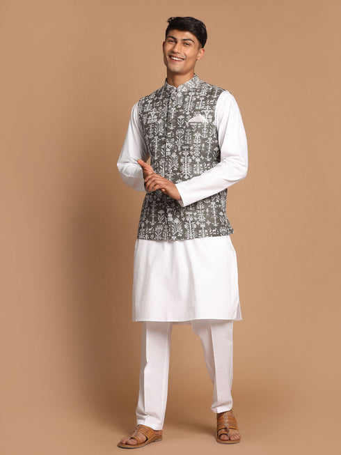 Vastramay Men's Grey Printed Nehru Jacket With White Solid kurta & White Cotton Pant Set