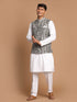 Vastramay Men's Grey Printed Nehru Jacket With White Solid kurta & White Cotton Pant Set