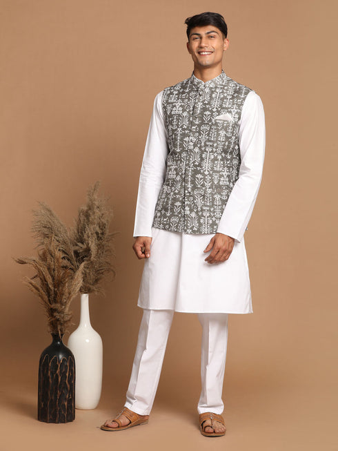 Vastramay Men's Grey Printed Nehru Jacket With White Solid kurta & White Cotton Pant Set