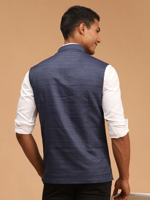 Vastramay Navy Blue Cotton Blend Solid Nehru Jacket