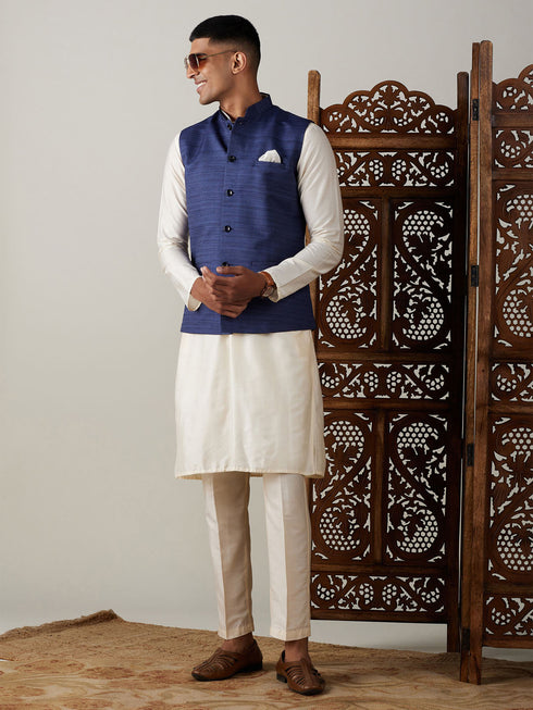 Vastramay Navy Blue Cotton Blend Solid Nehru Jacket With Cream Kurta And Pant Set