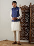 Vastramay Navy Blue Cotton Blend Solid Nehru Jacket With Cream Kurta And Pant Set