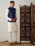 Vastramay Navy Blue Cotton Blend Solid Nehru Jacket With Cream Kurta And Pant Set