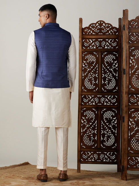 Vastramay Navy Blue Cotton Blend Solid Nehru Jacket With Cream Kurta And Pant Set