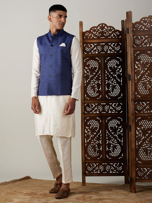 Vastramay Navy Blue Cotton Blend Solid Nehru Jacket With Cream Kurta And Pant Set