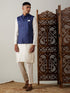 Vastramay Navy Blue Cotton Blend Solid Nehru Jacket With Cream Kurta And Pant Set