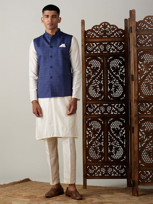 Vastramay Navy Blue Cotton Blend Solid Nehru Jacket With Cream Kurta And Pant Set