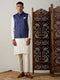 Vastramay Navy Blue Cotton Blend Solid Nehru Jacket With Cream Kurta And Pant Set