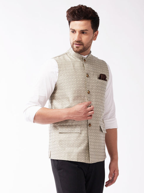 Vastramay Men's Beige Jacquard Nehru Jacket