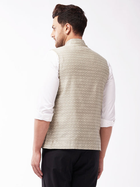 Vastramay Men's Beige Jacquard Nehru Jacket