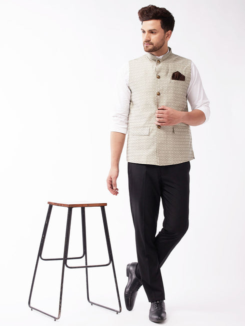 Vastramay Men's Beige Jacquard Nehru Jacket