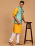 Vastramay Men's Green Jacquard Nehru Jacket with Kurta Pyjama Set
