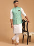 Vastramay Men's Green Jacquard Nehru Jacket with Kurta Pyjama Set