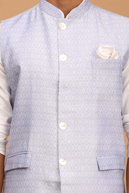 VASTRAMAY Lavender Woven Jacket With White Kurta and Pyjama Baap Beta Set