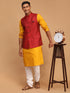 Vastramay Men's Maroon Jacquard Nehru Jacket with Kurta Pyjama Set