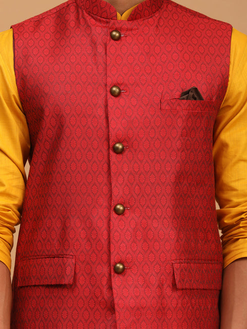 Vastramay Men's Maroon Jacquard Nehru Jacket with Kurta Pyjama Set