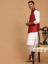 Vastramay Men's Maroon Jacquard Nehru Jacket with Kurta Pyjama Set