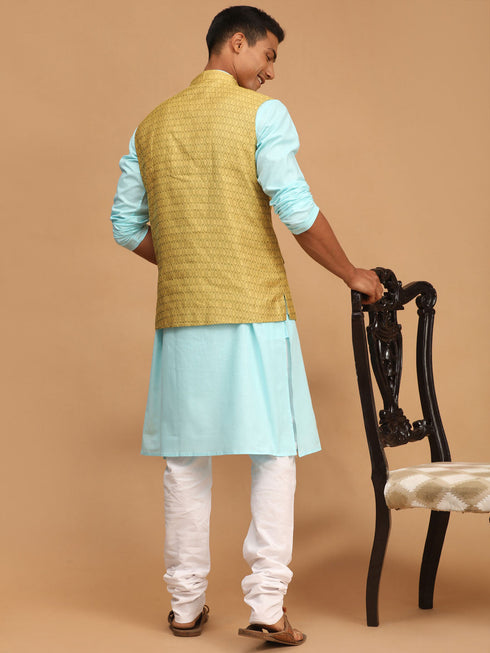 Vastramay Men's Yellow Jacquard Nehru Jacket with Kurta Pyjama Set