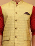 Vastramay Men's Yellow Jacquard Nehru Jacket with Kurta Pyjama Set