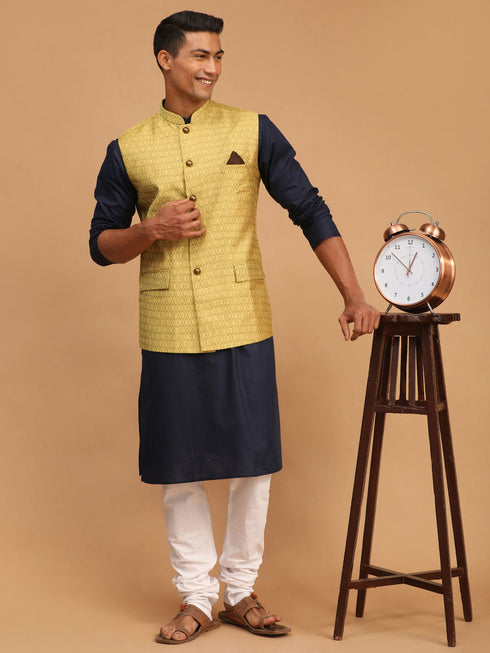 Vastramay Men's Yellow Jacquard Nehru Jacket with Kurta Pyjama Set