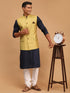 Vastramay Men's Yellow Jacquard Nehru Jacket with Kurta Pyjama Set