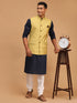 Vastramay Men's Yellow Jacquard Nehru Jacket with Kurta Pyjama Set