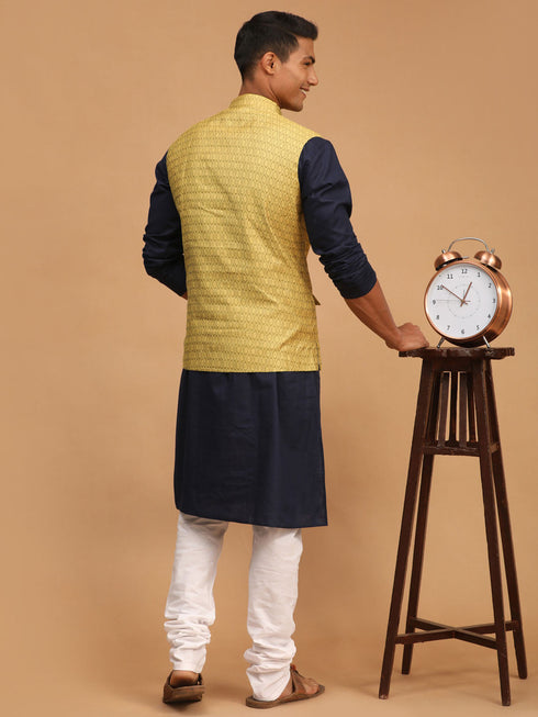 Vastramay Men's Yellow Jacquard Nehru Jacket with Kurta Pyjama Set