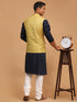 Vastramay Men's Yellow Jacquard Nehru Jacket with Kurta Pyjama Set