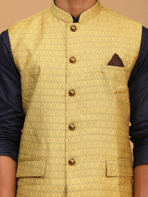 Vastramay Men's Yellow Jacquard Nehru Jacket with Kurta Pyjama Set