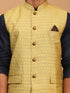Vastramay Men's Yellow Jacquard Nehru Jacket with Kurta Pyjama Set