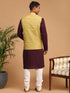 Vastramay Men's Yellow Jacquard Nehru Jacket with Kurta Pyjama Set