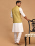 Vastramay Men's Yellow Jacquard Nehru Jacket with Kurta Pyjama Set