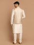 Vastramay Men's Beige Textured Slim-Fit Nehru Jacket With Cream Colored Kurta Pajama Set