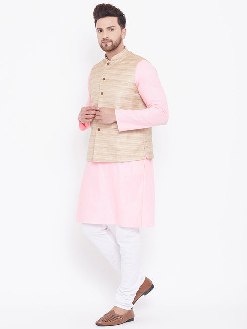 Vastramay Beige, Pink And White Baap Beta Nehru Jacket Kurta Pyjama set