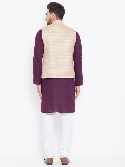 Vastramay Beige, Purple And White Baap Beta Nehru Jacket Kurta Pyjama set