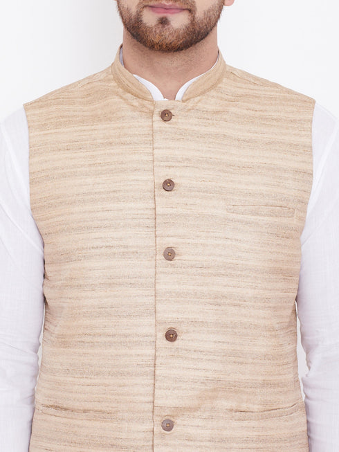 Vastramay Beige Cotton Silk Nehru Jacket & White Kurta Pyjama Baap Beta Set