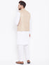 Vastramay Beige Cotton Silk Nehru Jacket & White Kurta Pyjama Baap Beta Set