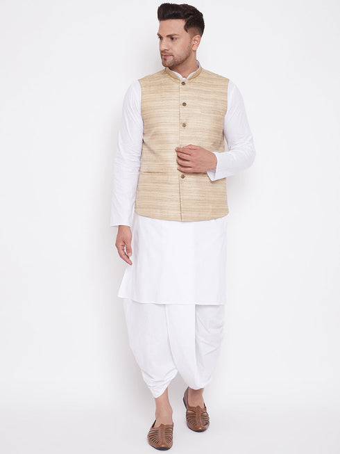 Vastramay Men's Beige And White Cotton Blend Jacket, Kurta and Dhoti Set