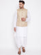 Vastramay Men's Beige And White Cotton Blend Jacket, Kurta and Dhoti Set