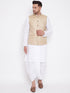 Vastramay Men's Beige And White Cotton Blend Jacket, Kurta and Dhoti Set