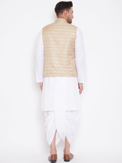 Vastramay Men's Beige And White Cotton Blend Jacket, Kurta and Dhoti Set