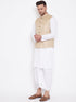 Vastramay Men's Beige And White Cotton Blend Jacket, Kurta and Dhoti Set