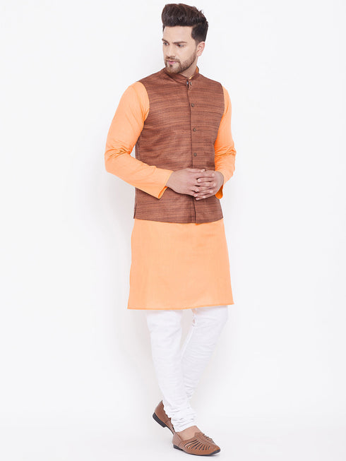 Vastramay Men's Coffee Brown, Fawn And White Cotton Blend Jacket, Kurta and Pyjama Set