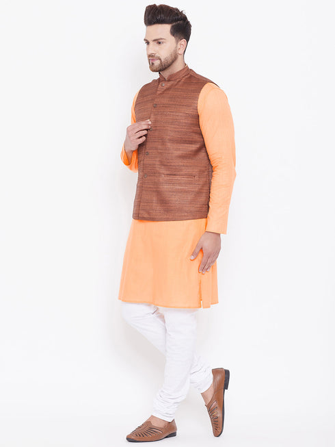Vastramay Men's Coffee Brown, Fawn And White Cotton Blend Jacket, Kurta and Pyjama Set