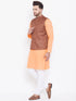Vastramay Men's Coffee Brown, Fawn And White Cotton Blend Jacket, Kurta and Pyjama Set
