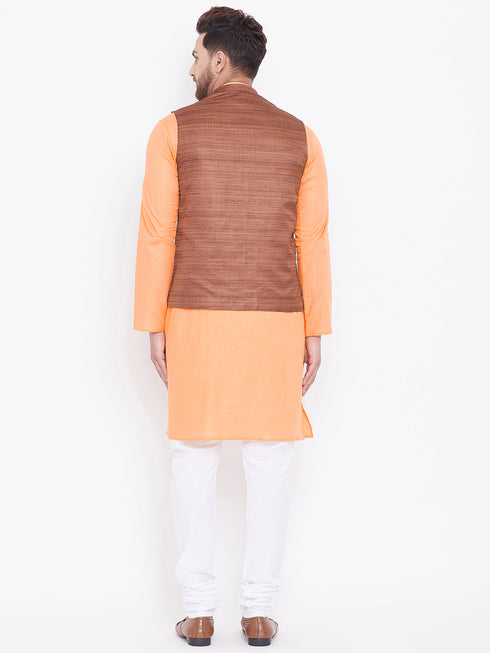 Vastramay Men's Coffee Brown, Fawn And White Cotton Blend Jacket, Kurta and Pyjama Set