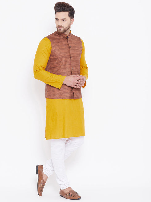 Vastramay Men's Coffee Brown, Mustard And White Cotton Blend Jacket, Kurta and Pyjama Set