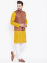 Vastramay Men's Coffee Brown, Mustard And White Cotton Blend Jacket, Kurta and Pyjama Set